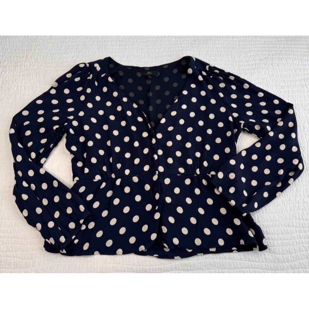 J.Crew Navy Blue & White Polka Dot Long Sleeve Blouse SZ 14 Classic - Picture 2 of 12